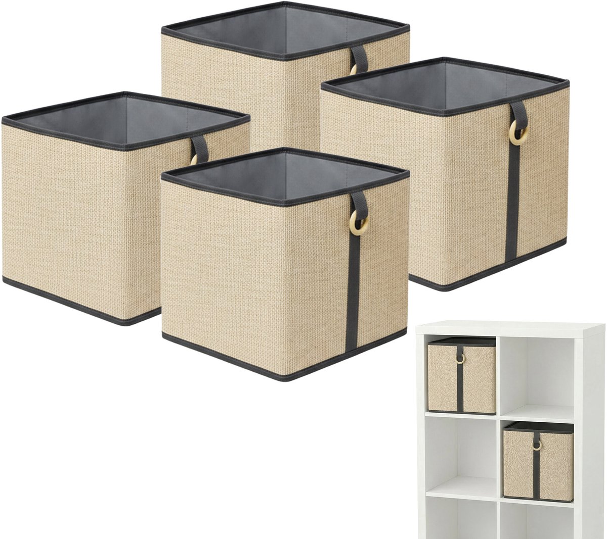 Opbergmand - naturel - zwart - 30x30x30 cm - set van 4