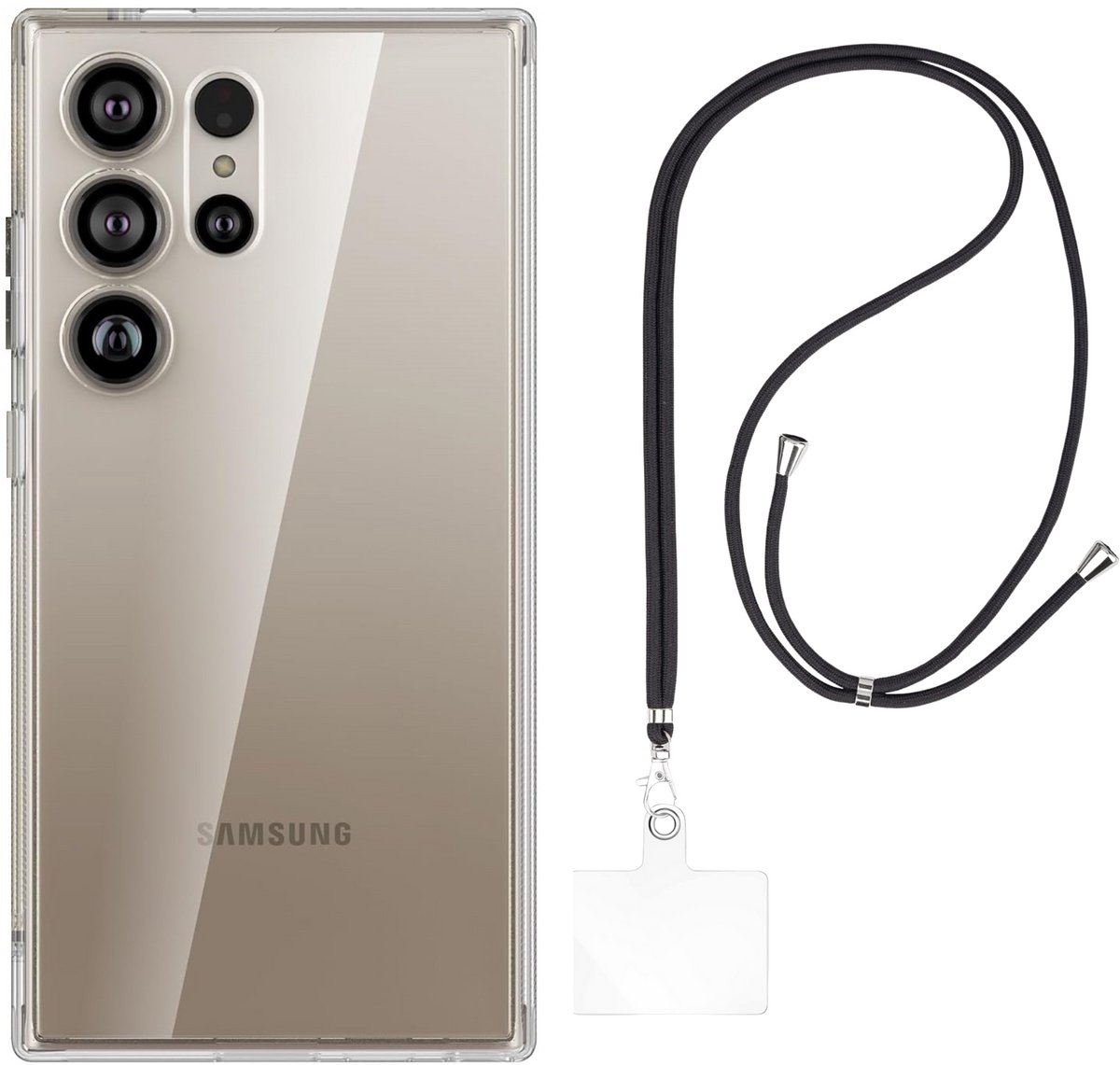 Set met hoesje en nekband voor Samsung Galaxy s24 ultra - Flexibele, transparante TPU-bescherming, verstelbare universele nekband voor mobiele telefoons, zwarte nekband, transparante draagriem van Phonillico®