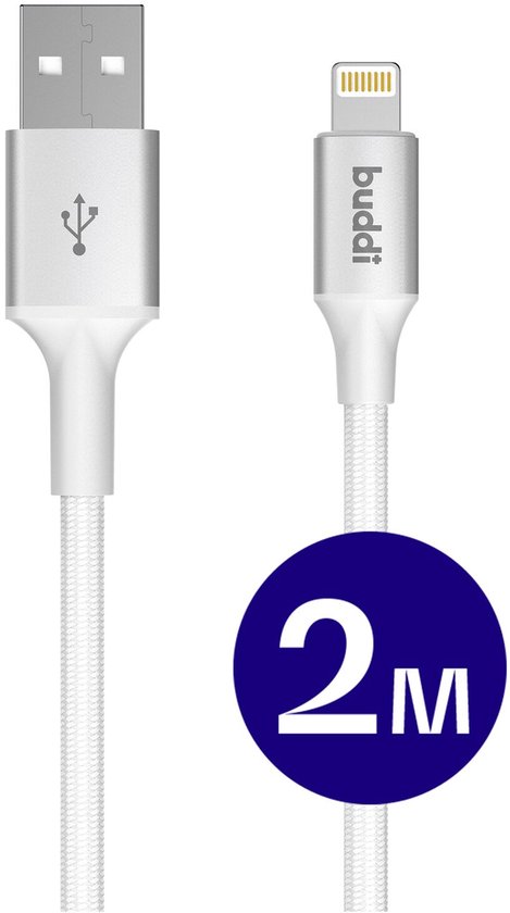 Een witte USB-A naar Lightning kabel met 'budi' logo en een blauwe cirkel met '2m'.