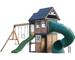 AXI Noud Speeltoestel met Speelhuis, Schommels, Trapeze, Klimwand – Met Bank – Groene Glijbaan – Met Buisglijbaan - FSC 100% hout – Speeltoestel voor de tuin / buiten