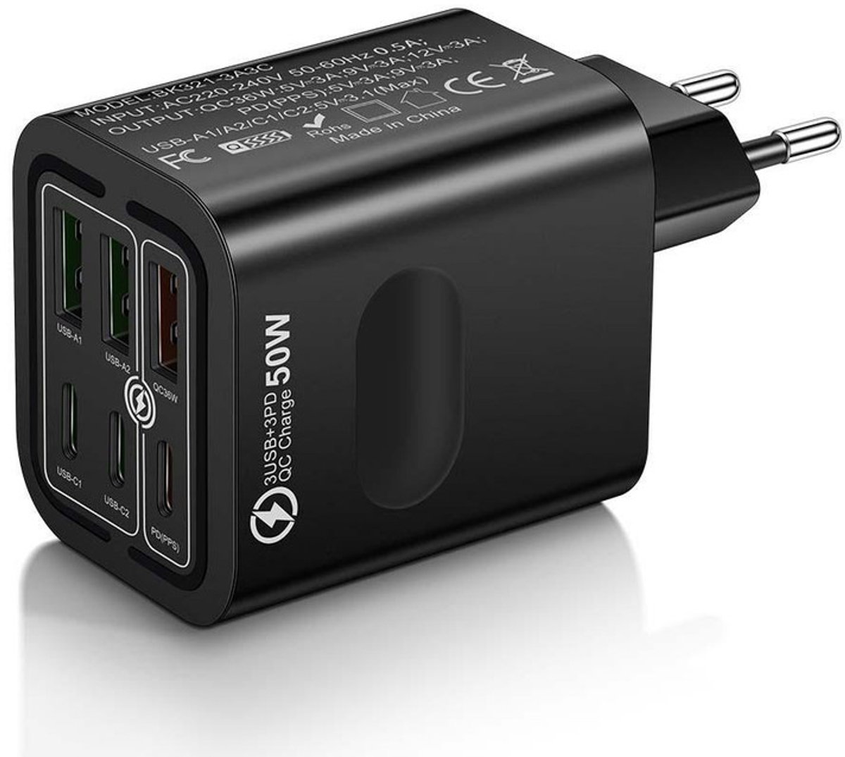50W 6-Poorts Snellader - 3x USB-A + 3x USB-C PD + QC 3.0 - oplader adapter - Geschikt voor Telefoon en Tablet - zwart