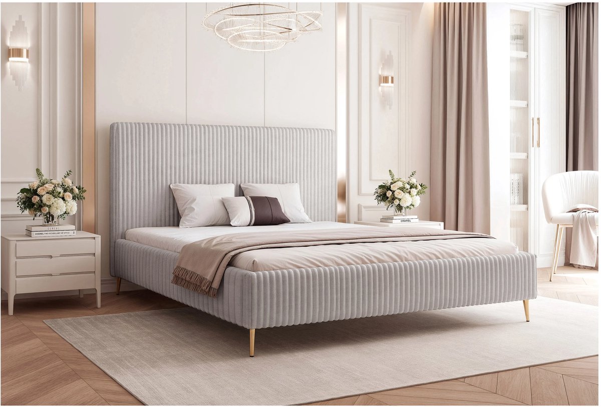 Gestoffeerd Opbergbed 200x200 cm – Luxe Modern Tweepersoons Bed met Lattenbodem, Hoog Goudkleurig Frame en Ruime Opbergruimte – Lichtgrijs Tilia Stof – Laura