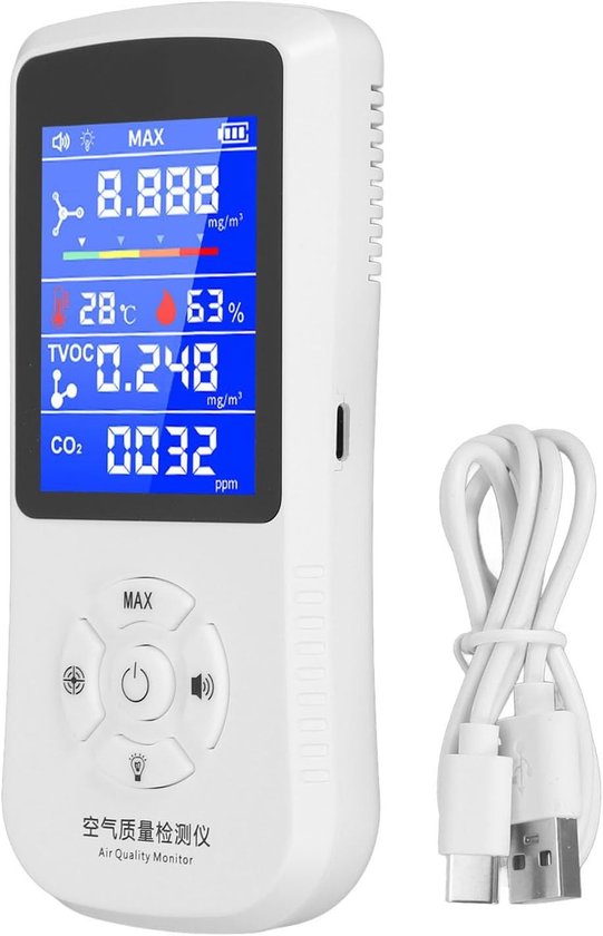 Allecto - Air Quality Monitor - Hoge Nauwkeurigheid - Kleurenscherm - HCHO CO2 Gasalarm Detector - Draagbare CO2 Meter - Voor Binnenhuisgebruik Sch...