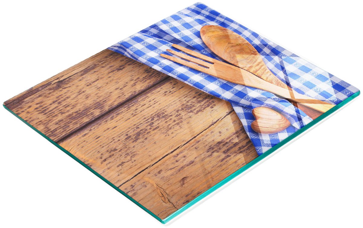 Keukenplank van gehard glas met afbeeldingen en houten bestek, 60x52 cm