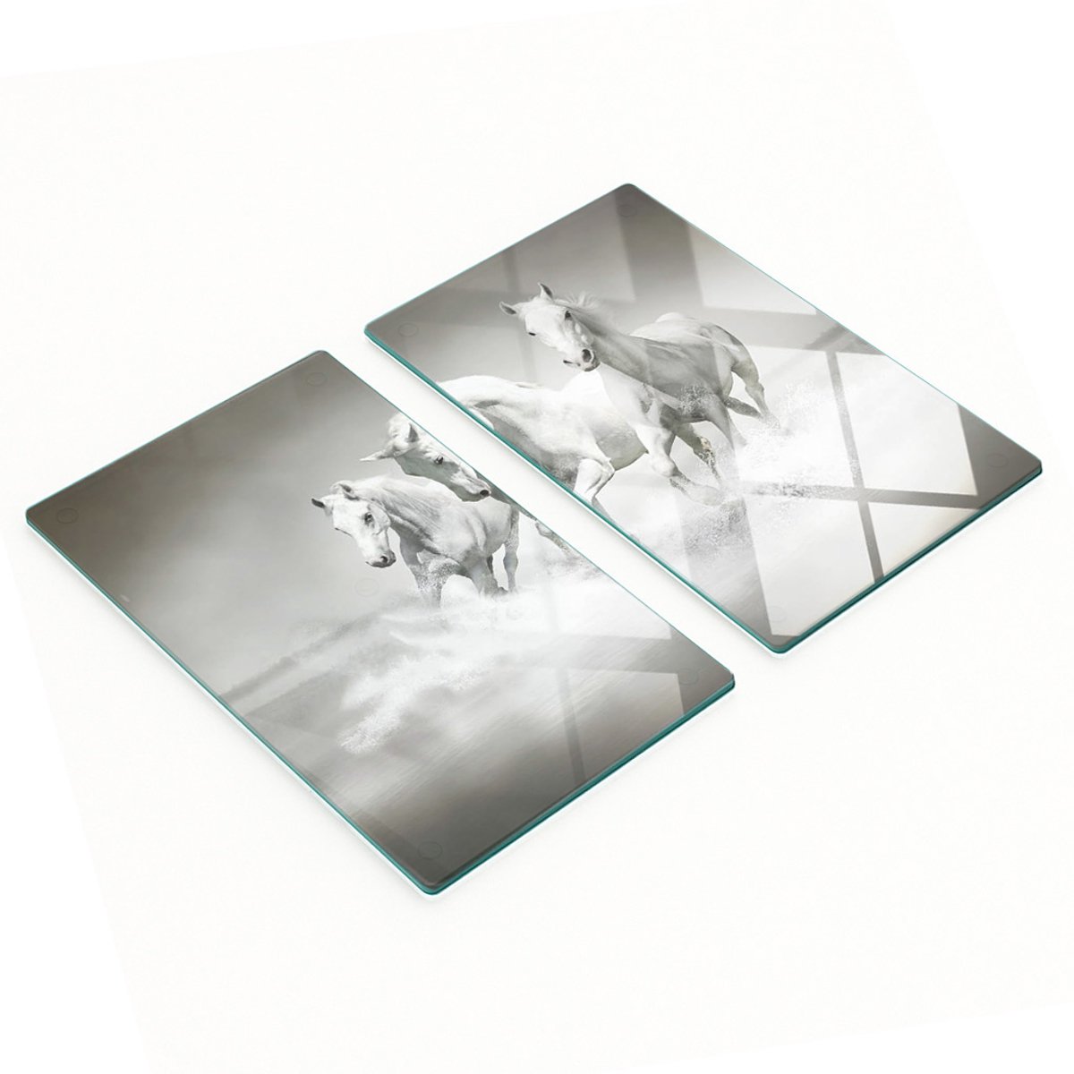 Twee decoratieve snijplanken van gehard glas met witte paardenmotief, 2x30x52 cm