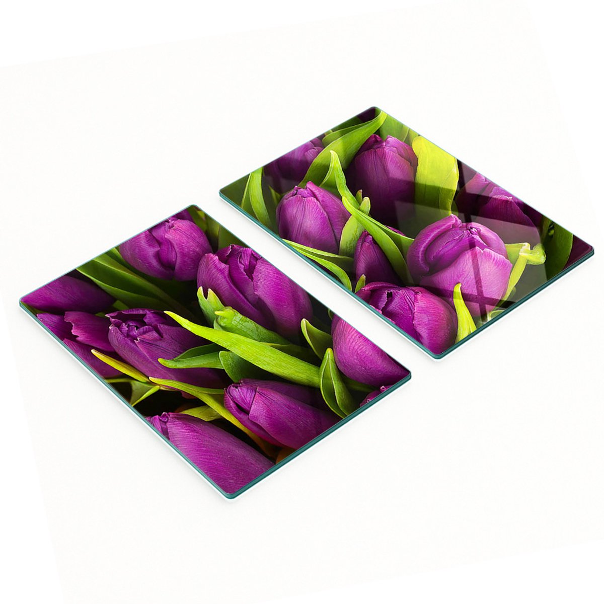 Set van twee glazen snijplanken met paarse tulpenmotief, 2x40x52 cm