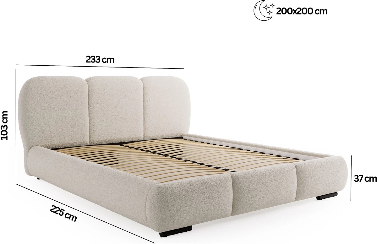 Gestoffeerd Tweepersoonsbed 200x200 cm Holi Luxe Bouclé Bed met Opbergruimte en Houten Lattenbodem – Lichtgrijs – Modern Design – Laura