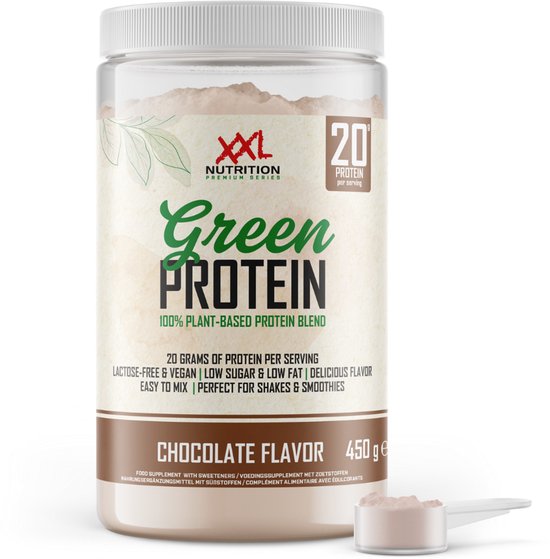 XXL Nutrition Green Protein Chocolade smaak 450g pot met schepje. 20g eiwit per portie.