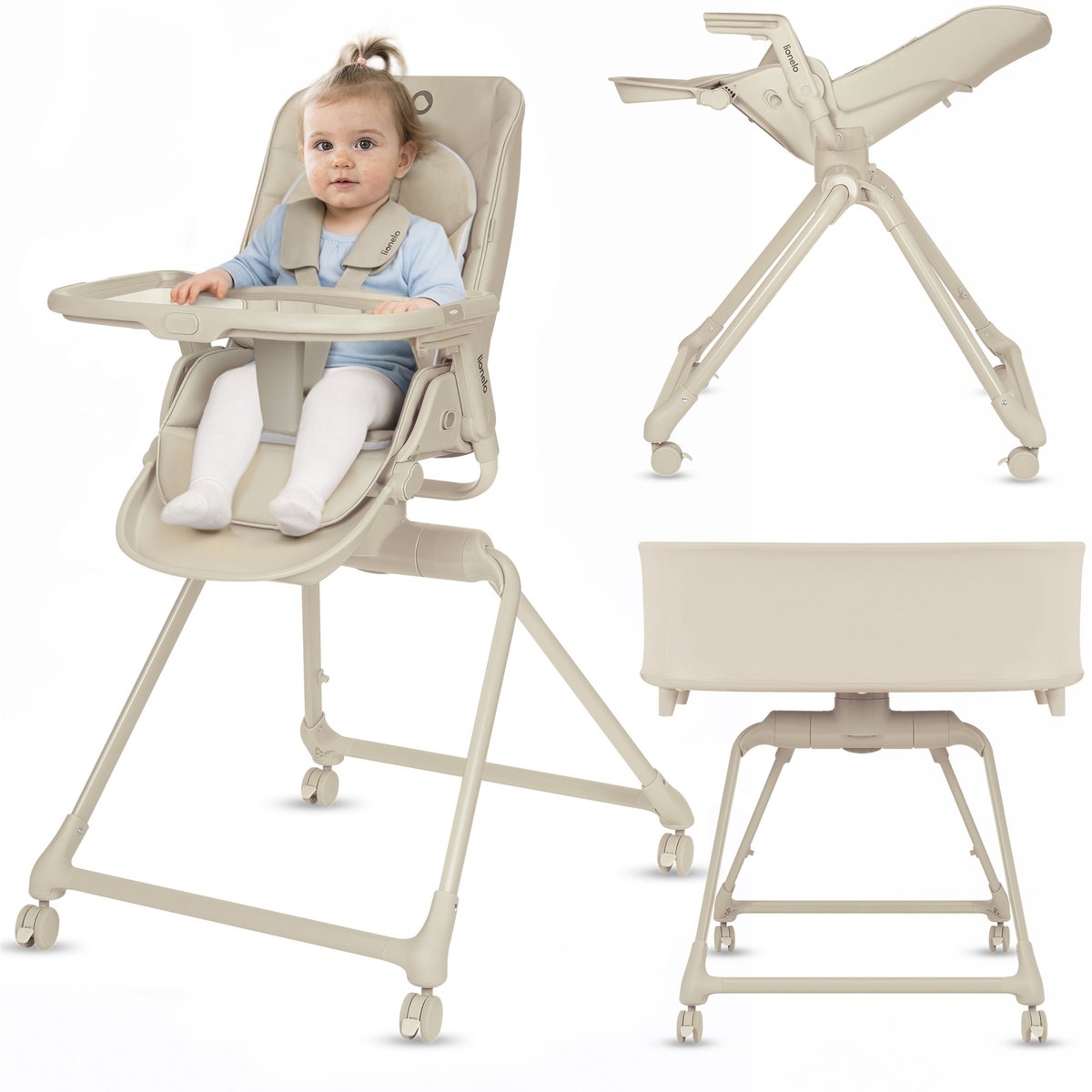 Lionelo Maddie Set 3in1 - Kinderstoel + Wipstoel & Baby Bed - Inklapbaar - 360° Draaibare Zitting - met Comfort Matras - Wielen - Wasbare - 0-36 maanden