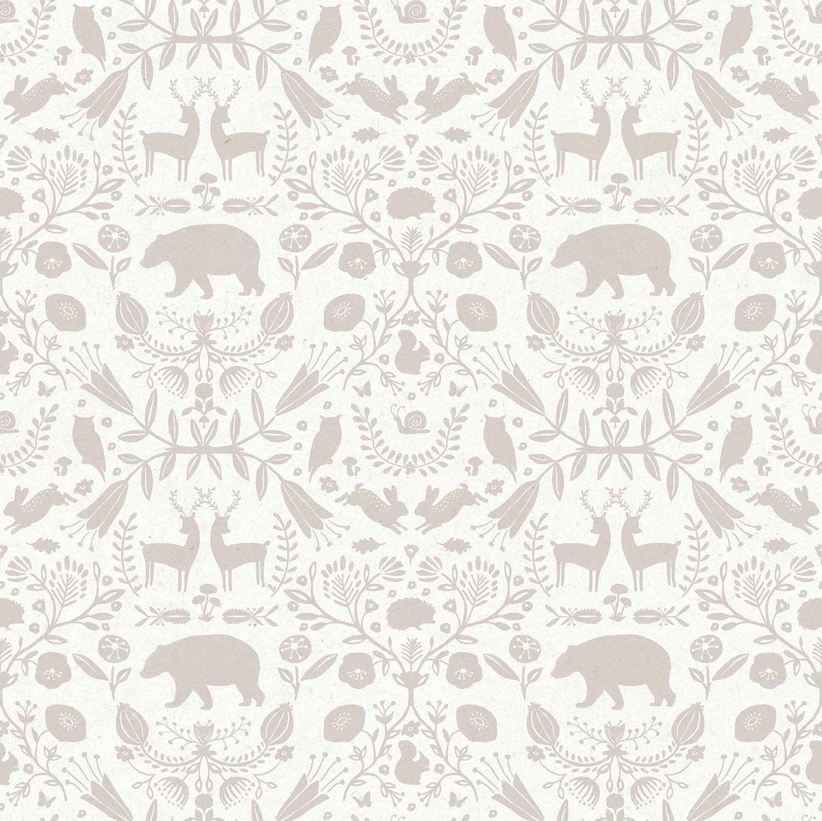 Behang - Kinderkamer – Bosdieren – Grijs - Wit - Babykamer - Kinderbehang – Dieren Silhouetten - 0,53 x 10,05 M