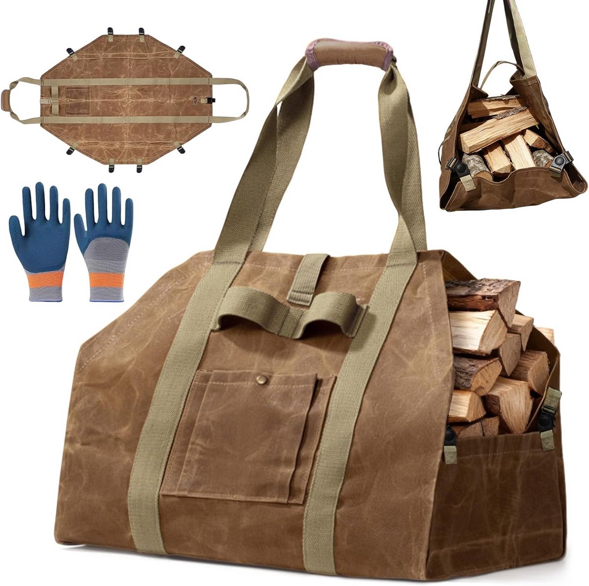 Extra Grote Houten Haardhoutmand van Sterke Stof met Handvatten - Opvouwbare Houtopslag (50x30x35 cm)