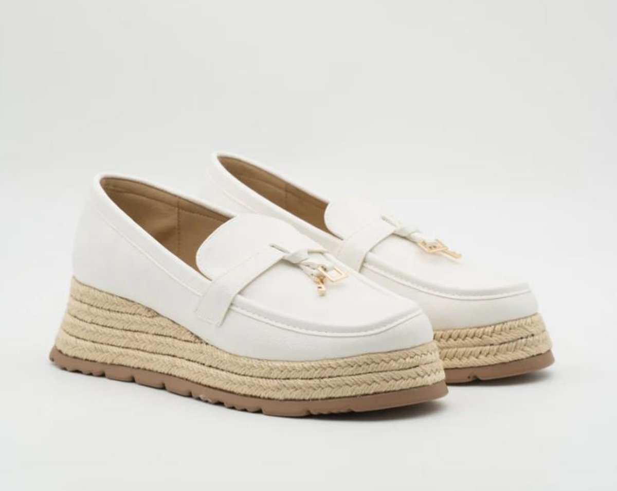 Buonarotti - loafers - mocassins - espadrilles - schoenen - wit - hoogwaardig imitatieleer - sleehak - canvas hak - maat 37 - hakhoogte 3 cm - zoolhoogte 2 cm, bij twijfel bestel 1 maat groter