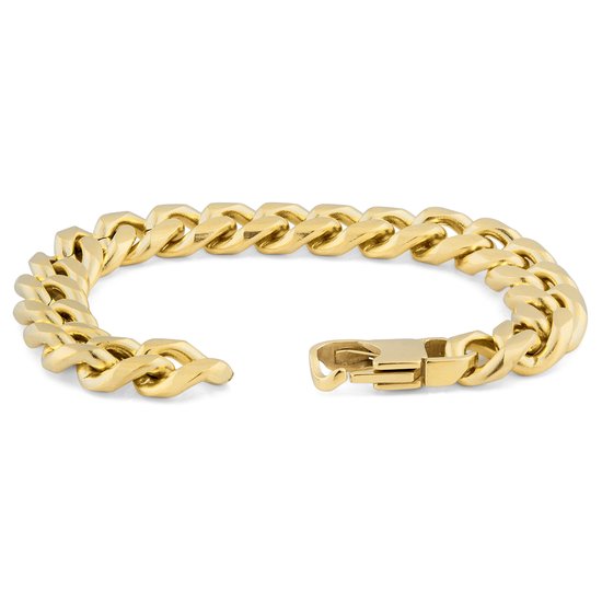 Gouden schakelarmband, open met zichtbare sluiting.