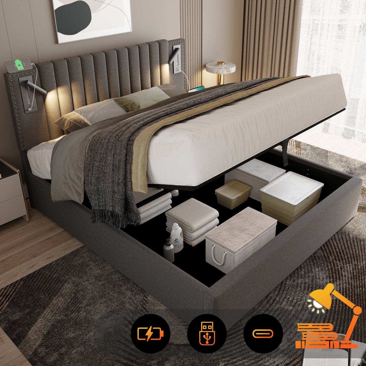 REDOM gestoffeerd bed 140x200 cm – Katoen grijs – Verstelbaar hoofdbord, leeslamp, 2 USB +