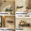 Collage van toepassingen: doucherekje in de douche, voor kinderen, in een camper en in de keuken.