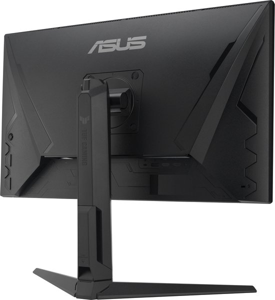 Achterkant van een zwarte ASUS TUF Gaming monitor, met de ASUS logo en de TUF Gaming branding.