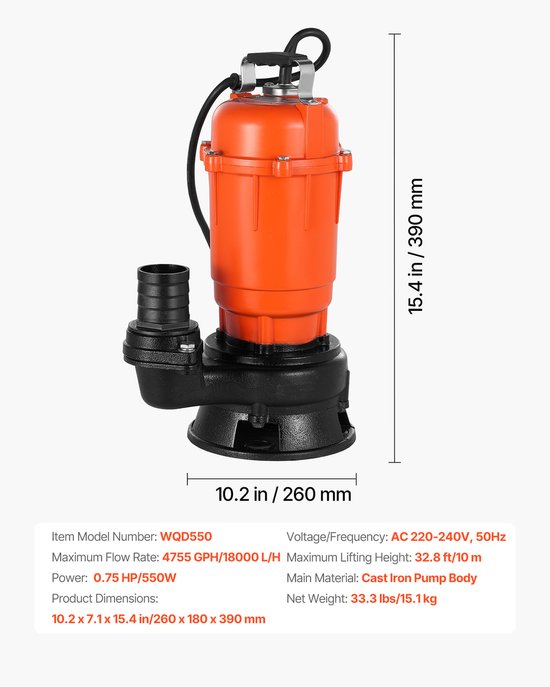 VEVOR 550w Dompelpomp, 18.000 L/U, Gietijzeren Vuilwaterpomp met 5,08 cm Uitlaat, Max. Opvoerhoogte 10 M, voor Het Verpompen van Vuil Water, voor Zwembaden, Tuinen, Vijvers, Kelders En Overstroomde Gebieden van Vevor — afbeelding 3