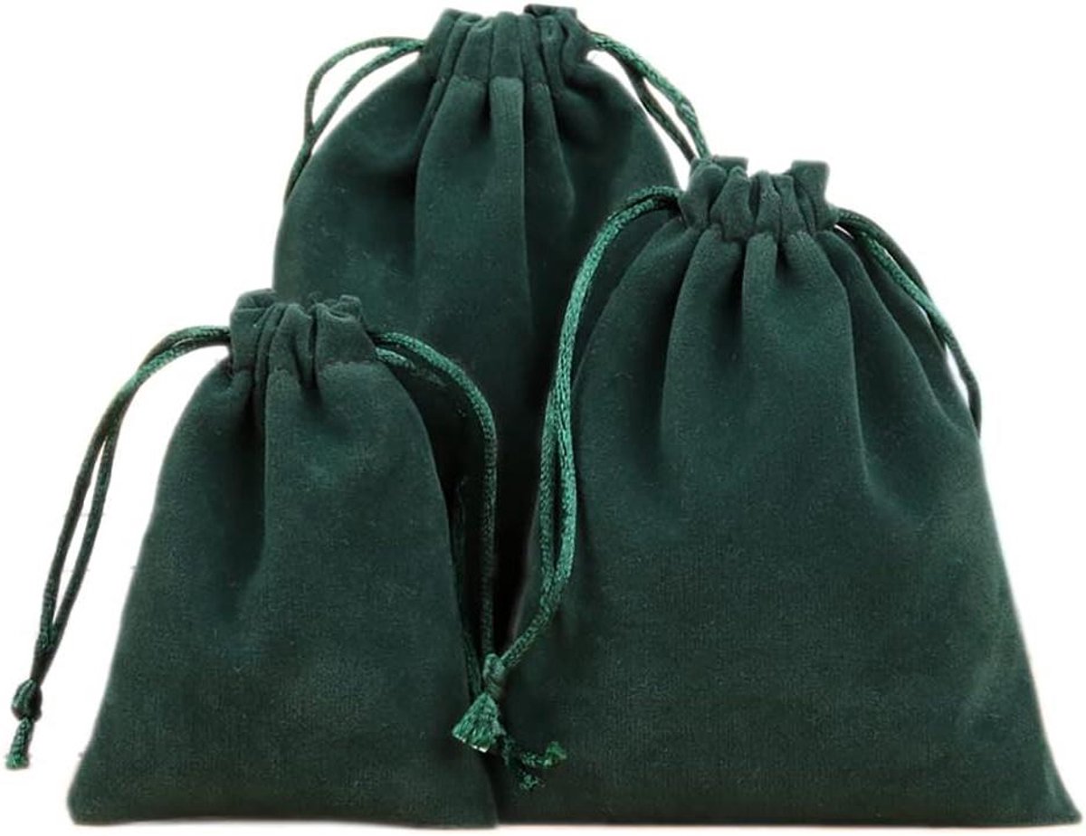 Allecto Plus - Fluweel zakjes set van 12 stuks voor Sieraden - Trekkoord - Geschenkverpakking - 10 x 12 cm - Donkergroen - Geschikt voor Sieraden, Trouwerij, Kerst & Verjaardag