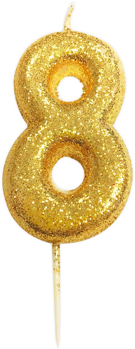 ANNIVERSARY HOUSE - Goudkleurige glitter kaars cijfer 8, 9 cm voor taart