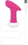 Roze vibrator, verbonden met een USB-oplaadkabel en een wit laadstation.