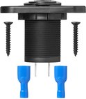 Zwarte USB-inbouwdoos met twee pennen, schroeven en blauwe elektrische connectoren.
