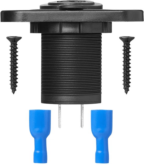 Zwarte USB-inbouwdoos met twee pennen, schroeven en blauwe elektrische connectoren.