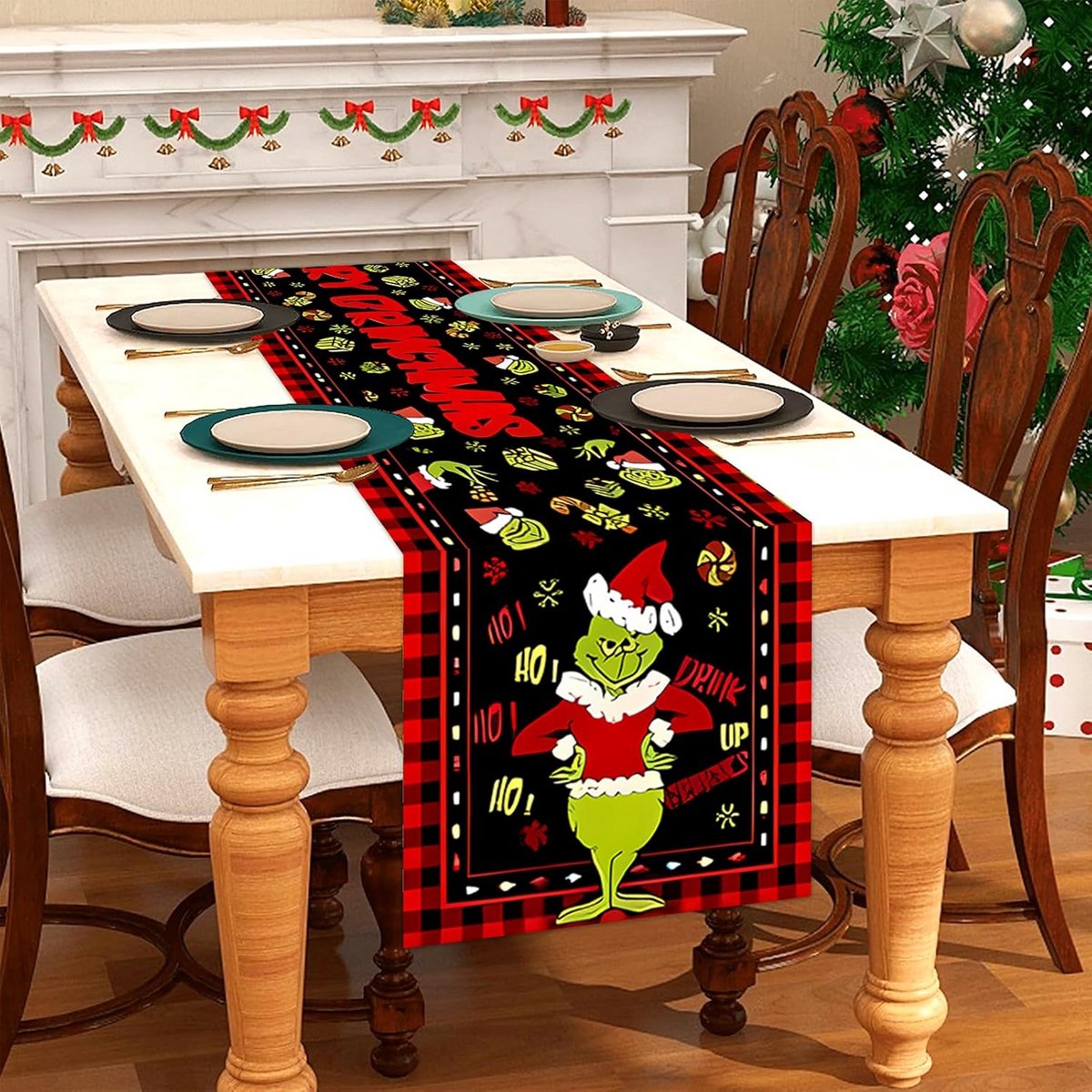 Rustieke Tafelloper Groen Monster en Elf voor Kerst en Winterdecoratie 40 x 180 cm