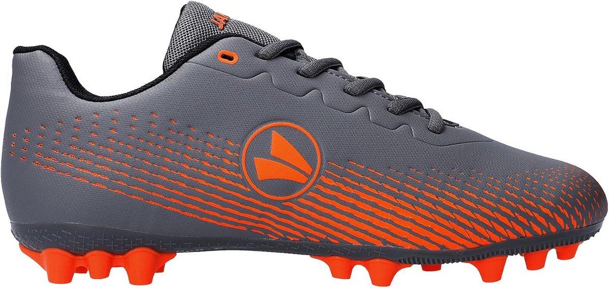 Grijze Kindervoetbalschoenen AG voor junioren met symmetrische vetersluiting en multinockzool voor optimale ondersteuning.