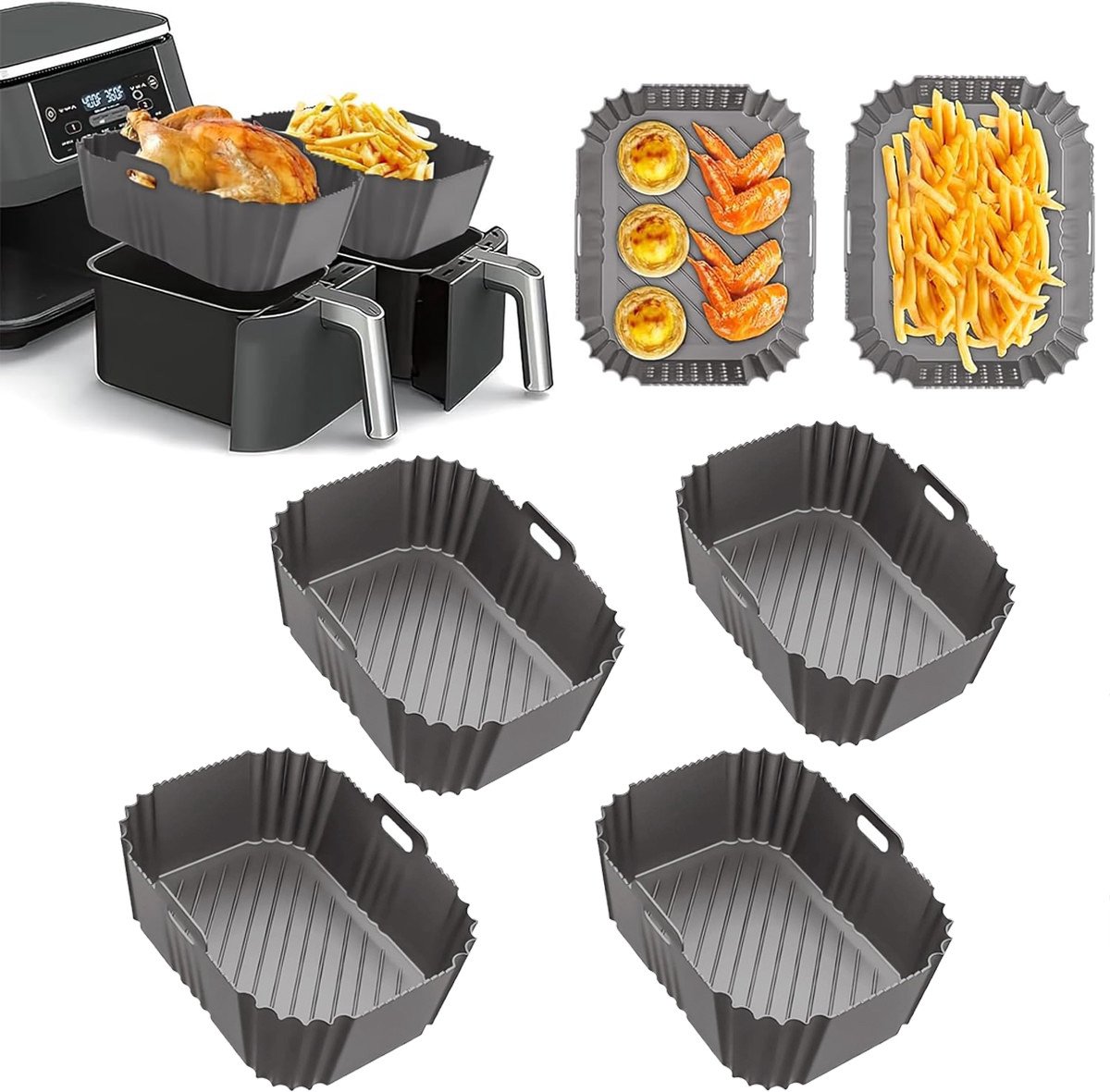 Voor Ninja Foodi Max Dual Zone Air Fryer Accessoires - Set van 4 vierkante siliconen bakplaten - Compatibel met AF300EU, AF400EU en andere Dual Zone-modellen - Grijs