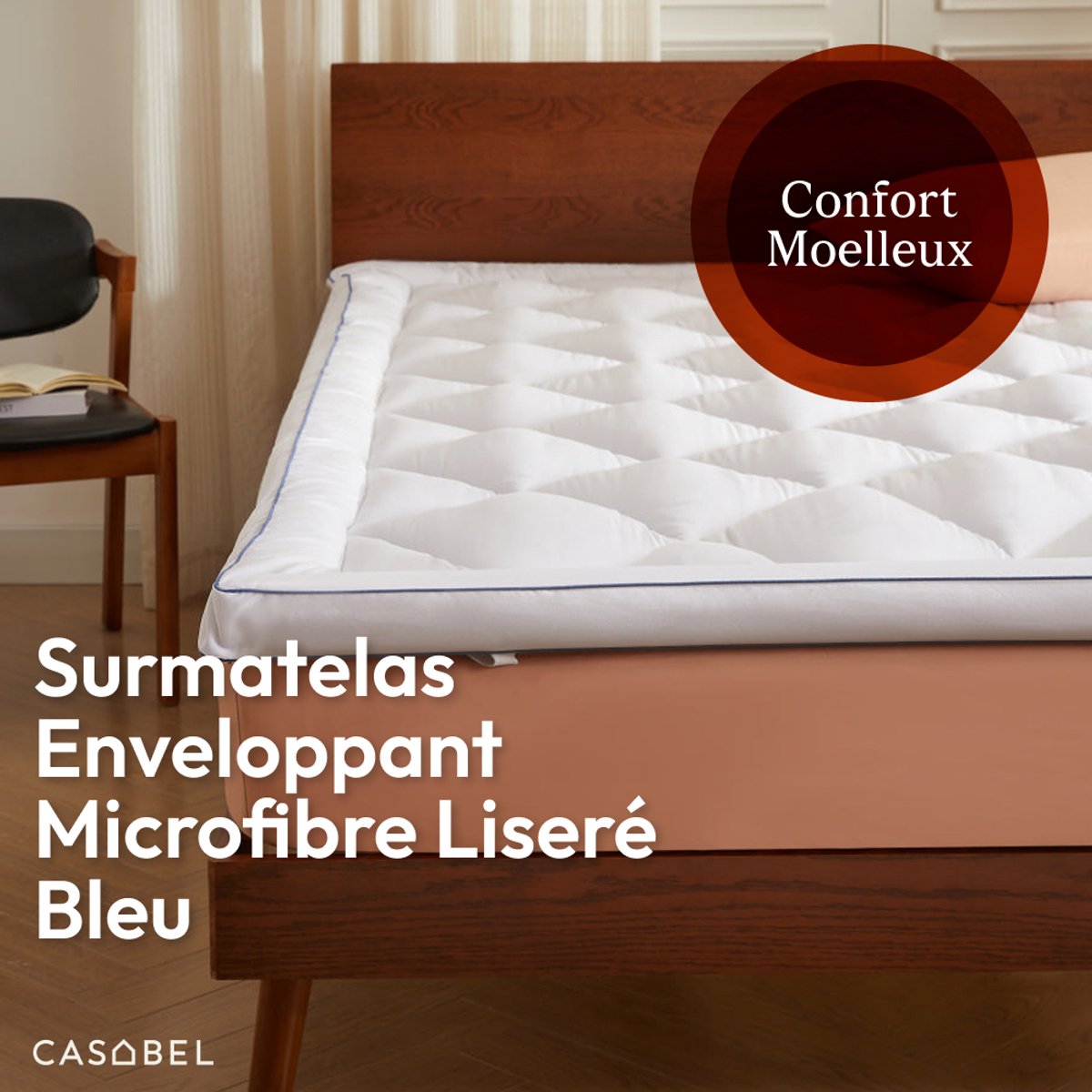 CASABEL Zachte Matras Topper 160 x 200 cm van ademende microvezel met blauwe bies