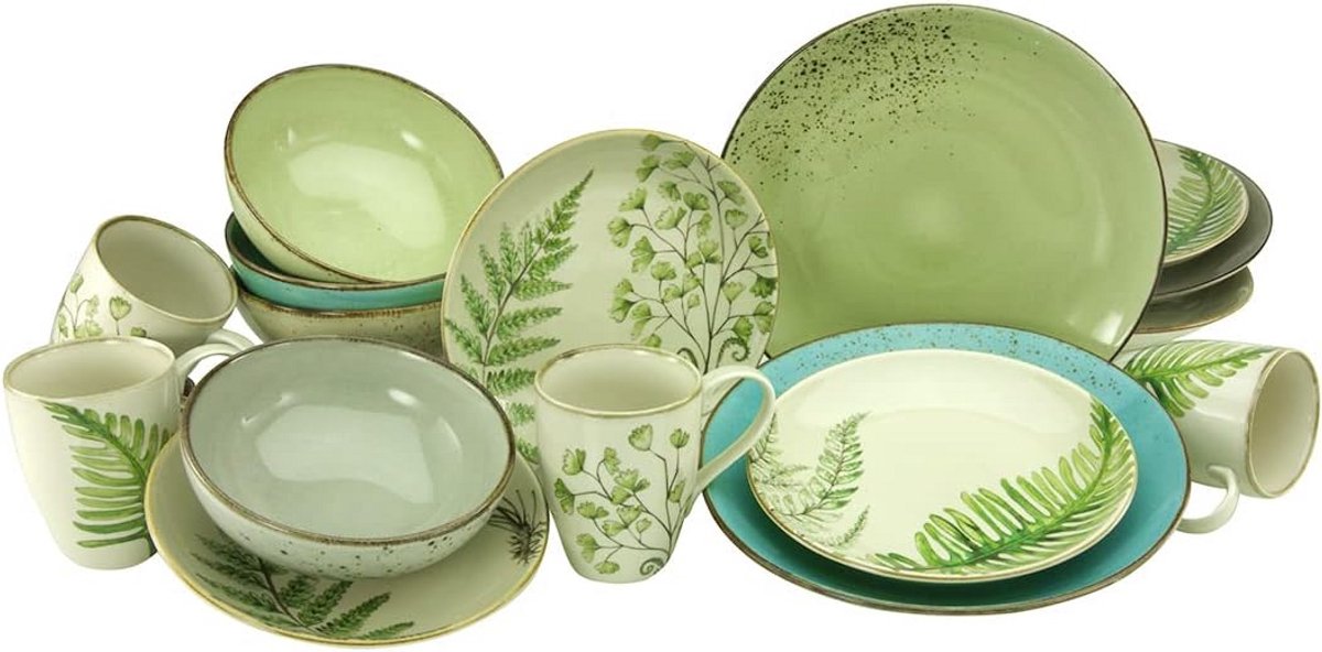 16-delig Aardewerk Servies Botanica - Groen, Zand, Steen & Petrol - Coupe Vorm - Vaatwasser & Magnetronbestendig