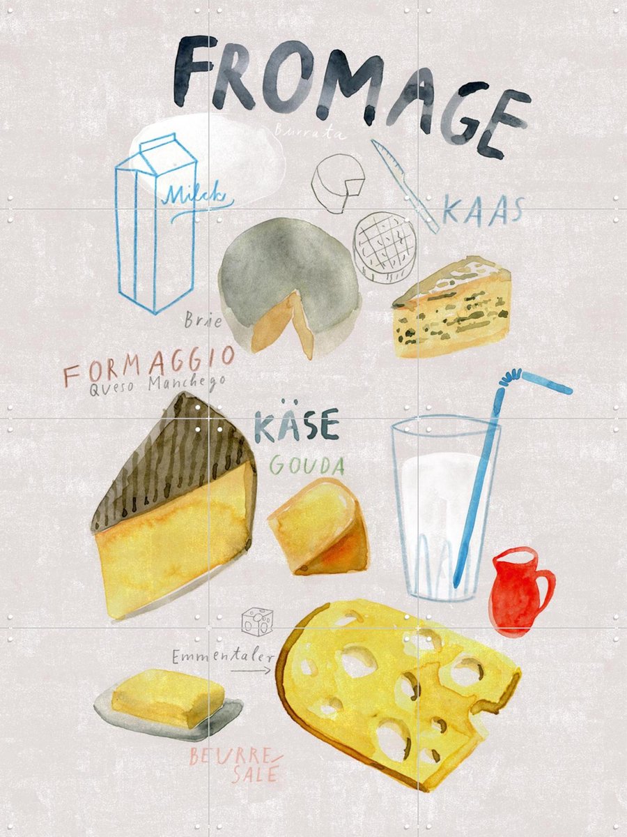 IXXI Fromage, Signorinah - 60 x 80 cm - Gratis ophangtool - Grote wanddecoratie en posters - Aquarel, Illustraties, Speels, Keuken, Eetkamer