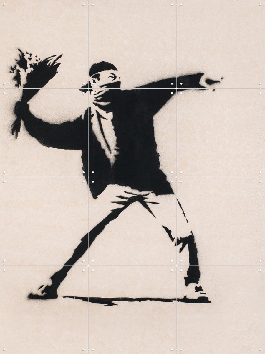 IXXI Love is in the Air, Banksy - 60 x 80 cm - Gratis ophangtool - Grote wanddecoratie en posters - Street art, Grafisch Ontwerp, Pop art, Houtsnede
