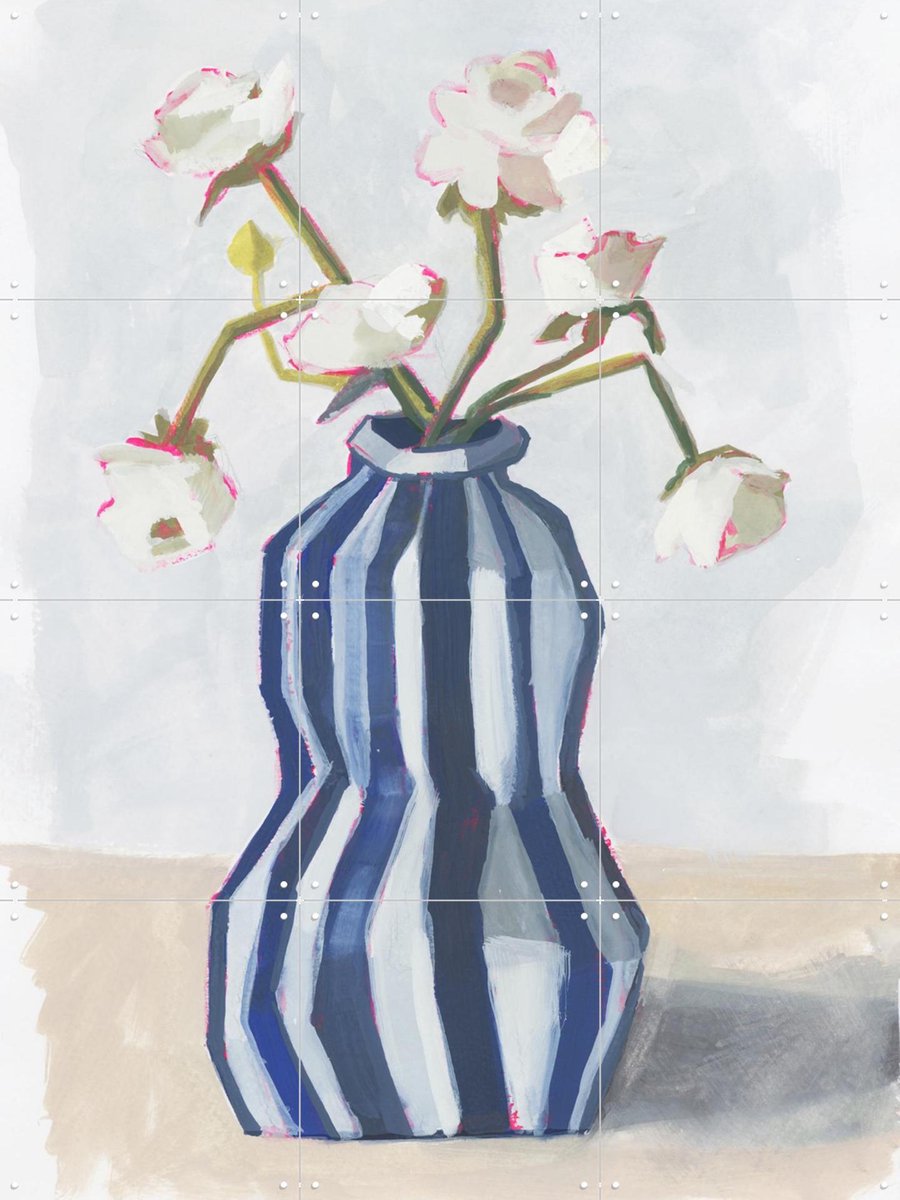 IXXI Flowers in a striped vase II, Lucrecia Caporale & Various - 60 x 80 cm - Gratis ophangtool - Grote wanddecoratie en posters - Impressionisme