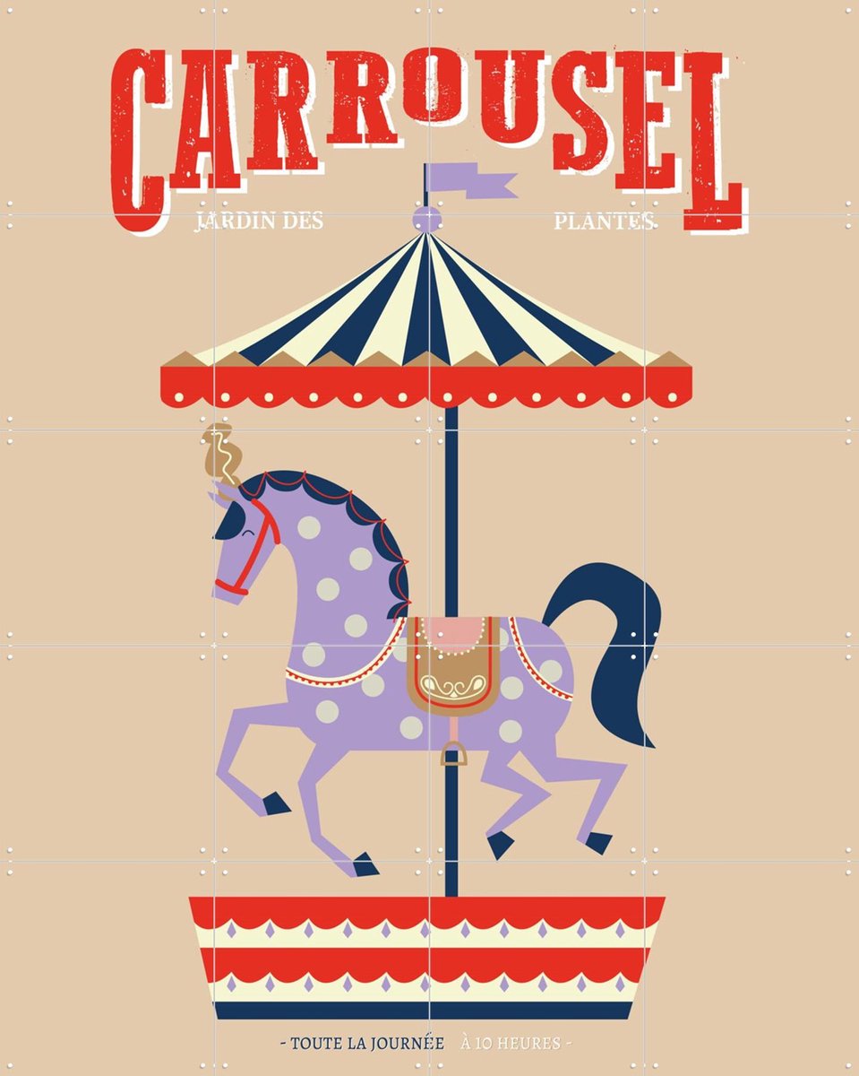 IXXI Carrousel Horse, Jetske Kox - 80 x 100 cm - Gratis ophangtool - Grote wanddecoratie en posters - Illustraties, Speels, Grafisch Ontwerp, Vintage