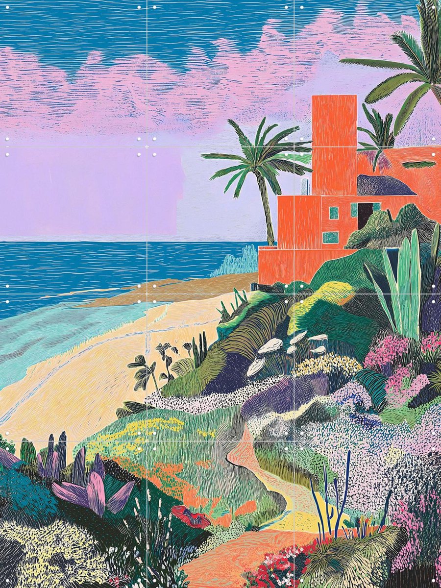 IXXI Coastal Garden, Artclaud - 60 x 80 cm - Gratis ophangtool - Grote wanddecoratie en posters - Illustraties, Kleurrijk, Woonkamer, Landschappen