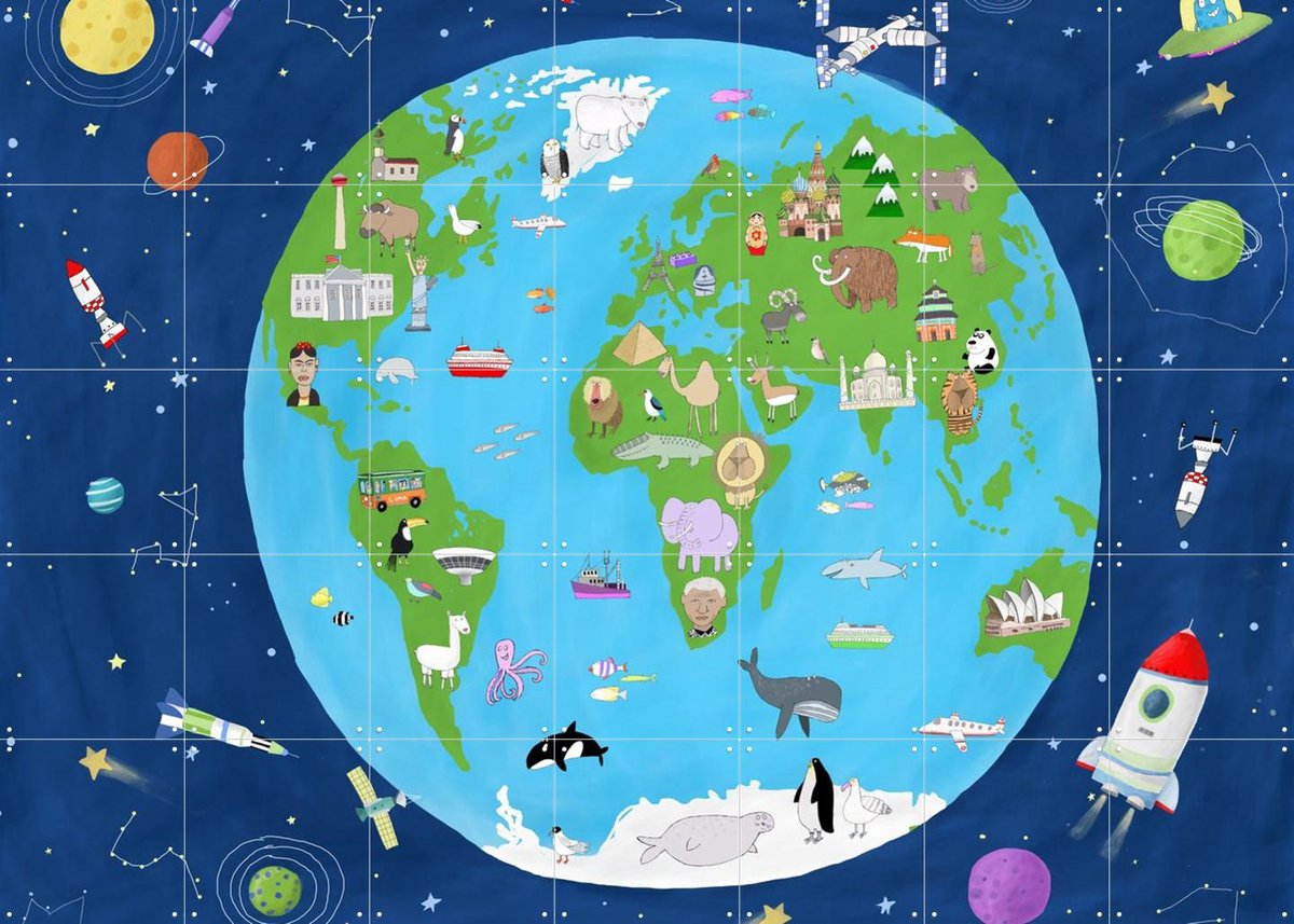 IXXI Illustrated Map of the World from Space, Carla Daly - 140 x 100 cm - Gratis ophangtool - Grote wanddecoratie en posters - Cartoonesk, Kleurrijk