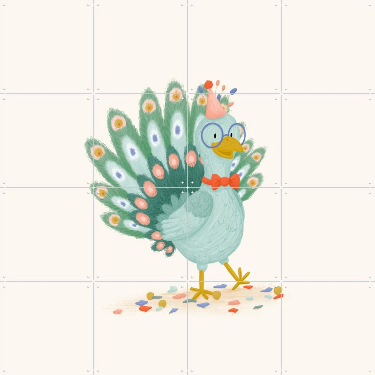 IXXI Peacock, Studio Phie - 80 x 80 cm - Gratis ophangtool - Grote wanddecoratie en posters - Illustraties, Speels, Cartoonesk, Kleurrijk