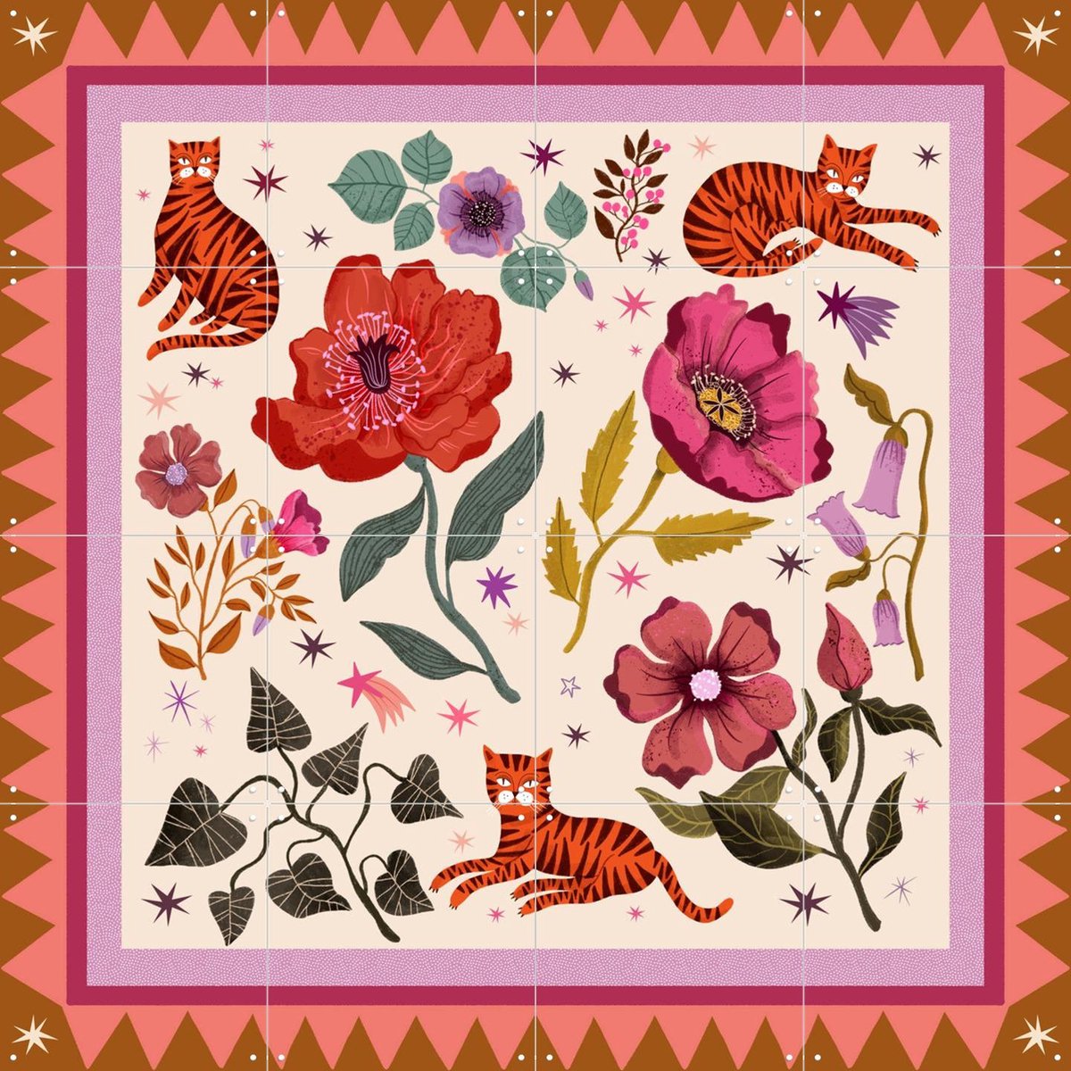 IXXI Tiger cat poppy field, Lena Addink - 80 x 80 cm - Gratis ophangtool - Grote wanddecoratie en posters - Speels, Illustraties, Digitale Kunst