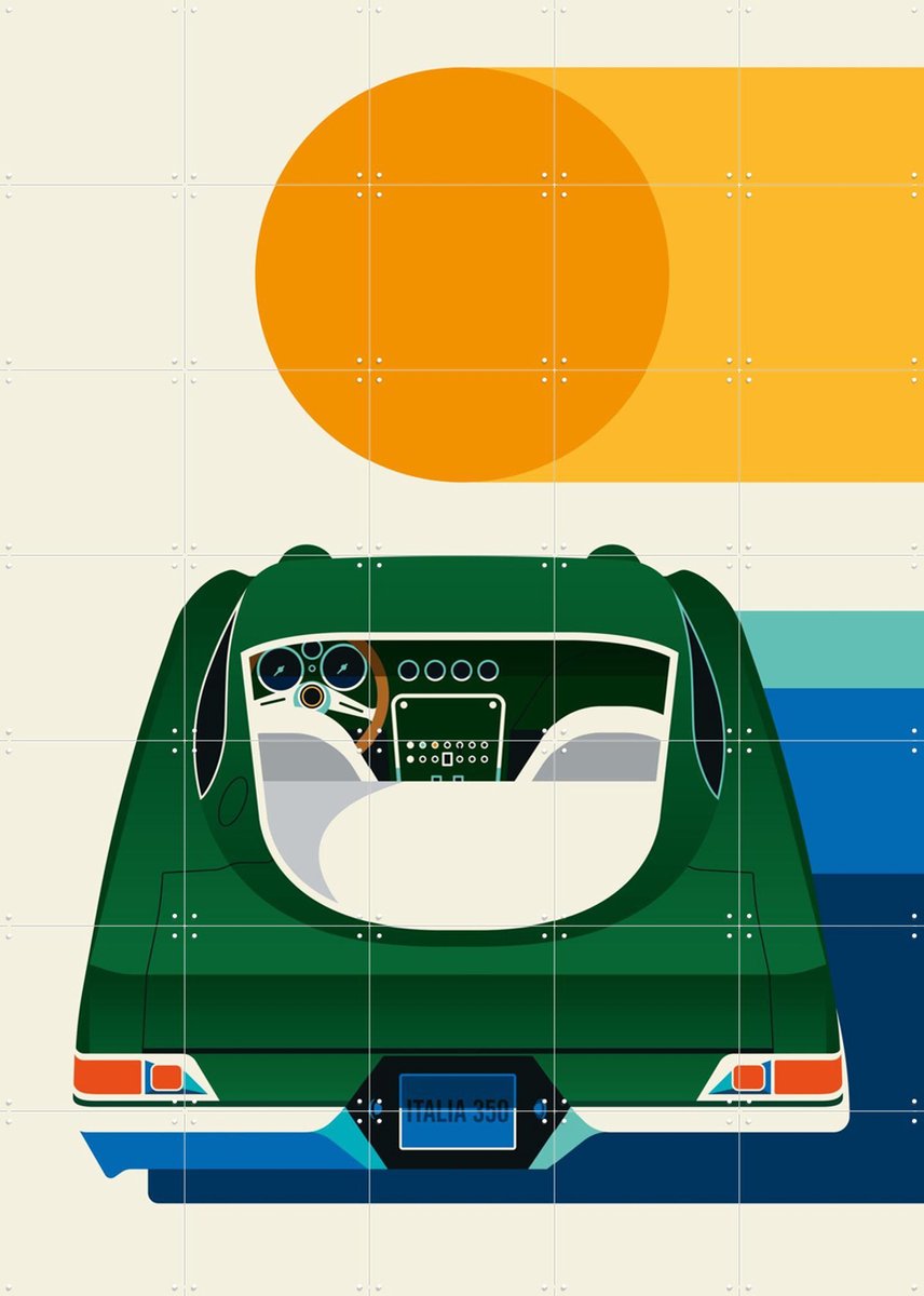 IXXI Green Vintage Car with Sun, Bo Lundberg - 100 x 140 cm - Gratis ophangtool - Grote wanddecoratie en posters - Vintage, Illustraties, Kleurrijk