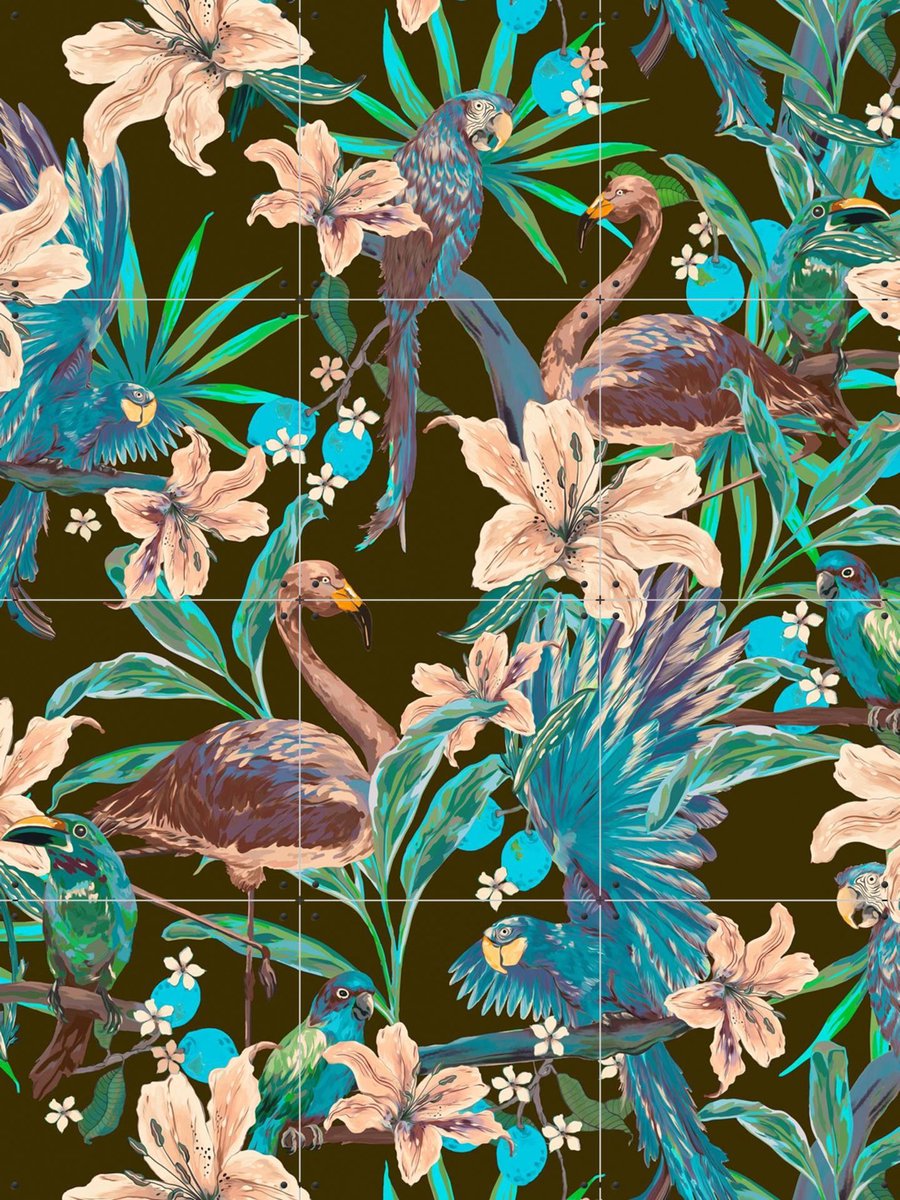 IXXI Jungle Birds and Flamingo Olive, Marylène Madou - 60 x 80 cm - Gratis ophangtool - Grote wanddecoratie en posters - Illustraties, Woonkamer