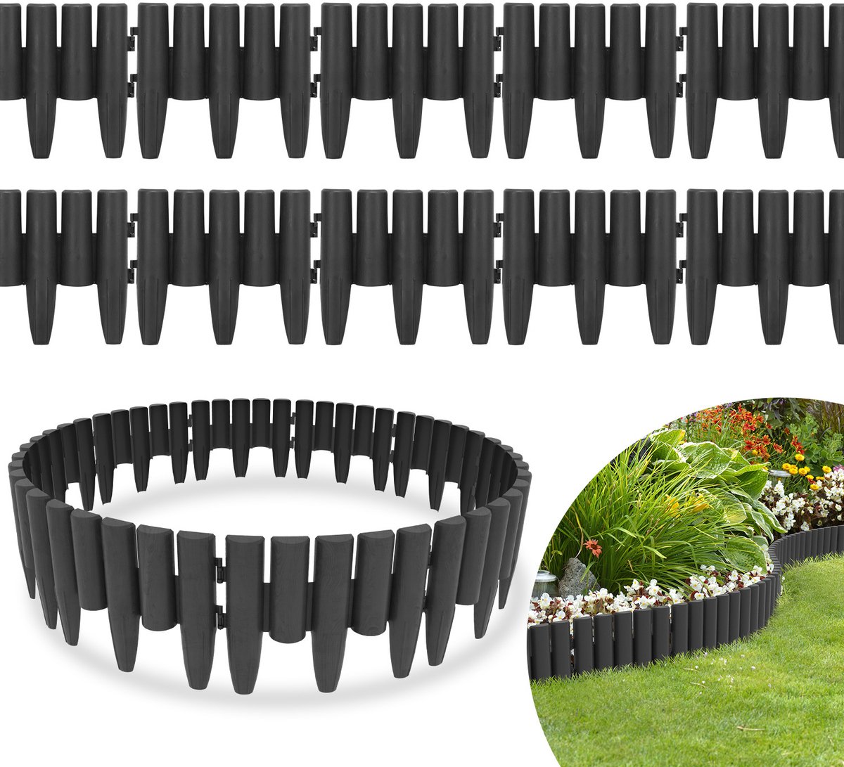 Kunststof Gazonrand Houtlook - 8.4m Set van 30 stuks Borderrand - Bedrand Maairand Decoratief Bloembedrand Maaikant voor Tuinpalissade - Antraciet
