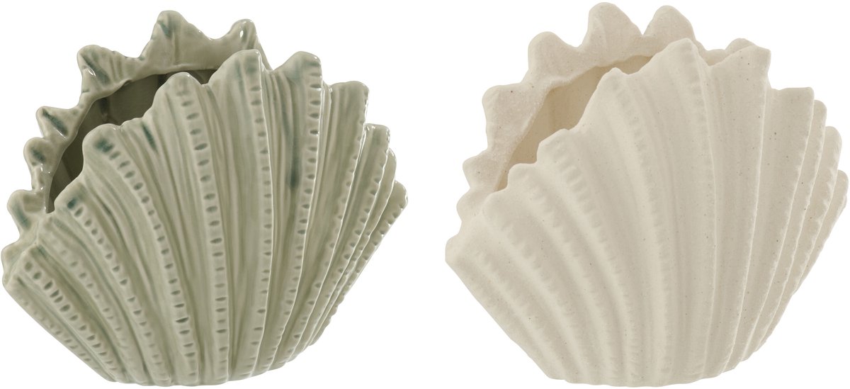 J-Line vaas Schelp - keramiek - wit/olijfgroen - large - 2 stuks