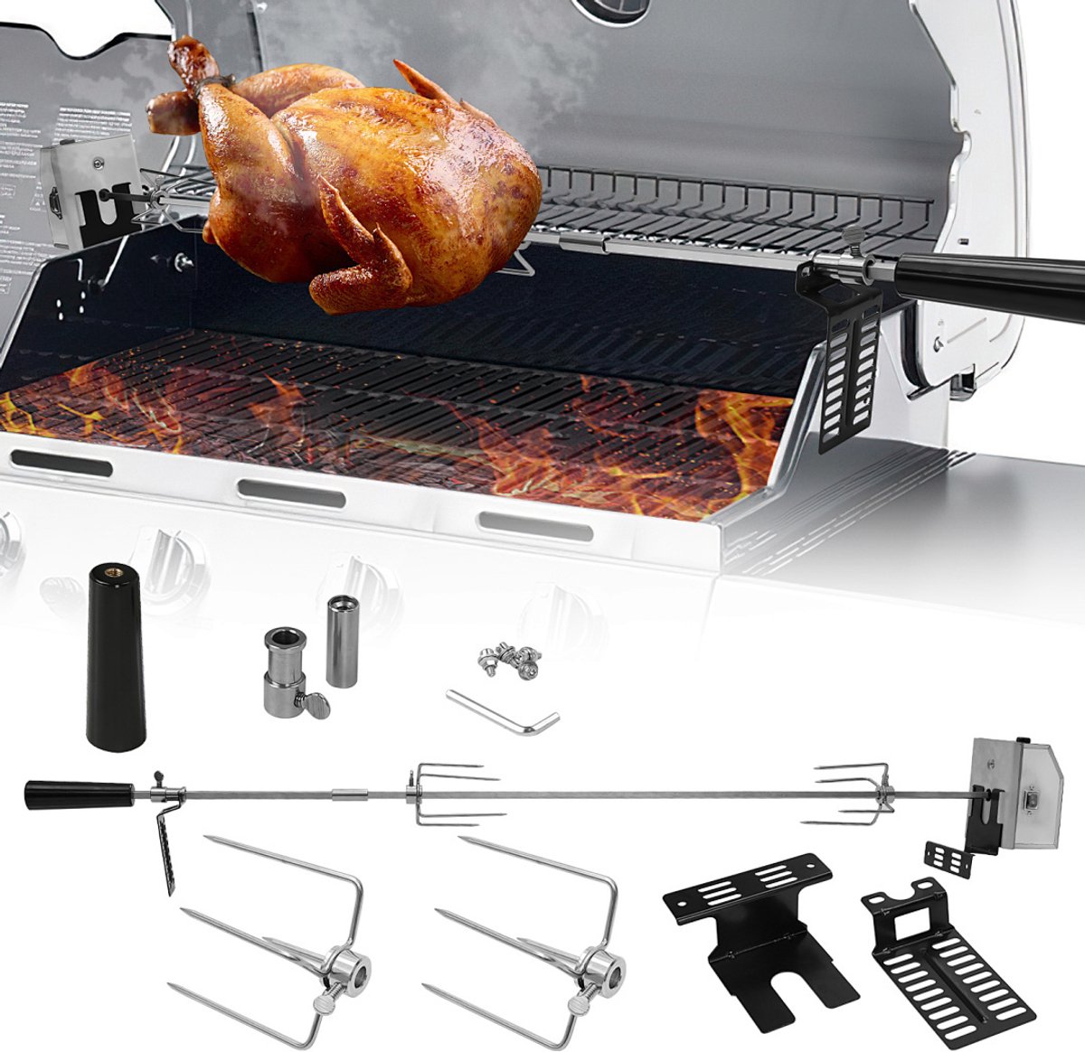 Elektrische BBQ Spit 107 cm – Inclusief 2 Vleesklemmen, 4W Motor, 10 kg Draagvermogen