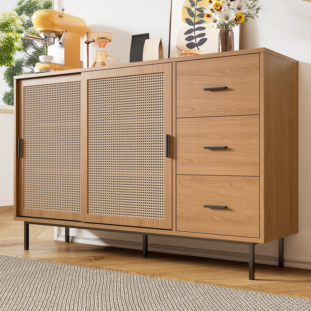HAUSS SPOLE Dressoir - Schuifdeuren Met Rotanlook En 3 Lades - Met Verstelbare Legplanken Voor Woon En Eetkamer - Spaanplaat - 140x37x91 Cm - Naturel
