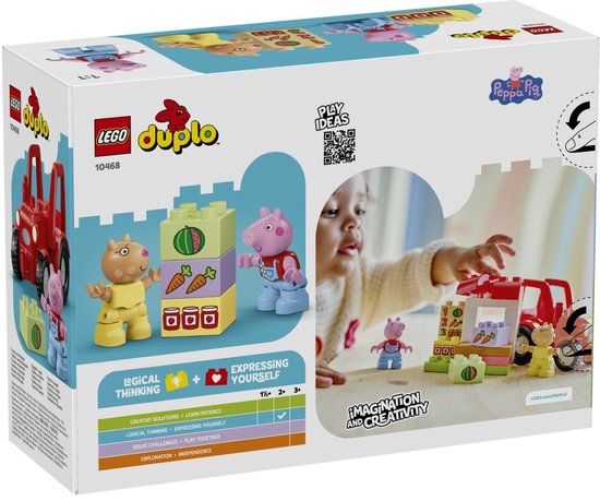 Doos LEGO Duplo Peppa Pig tractor en marktkraam met spelende kinderen en een voorbeeld van de set.