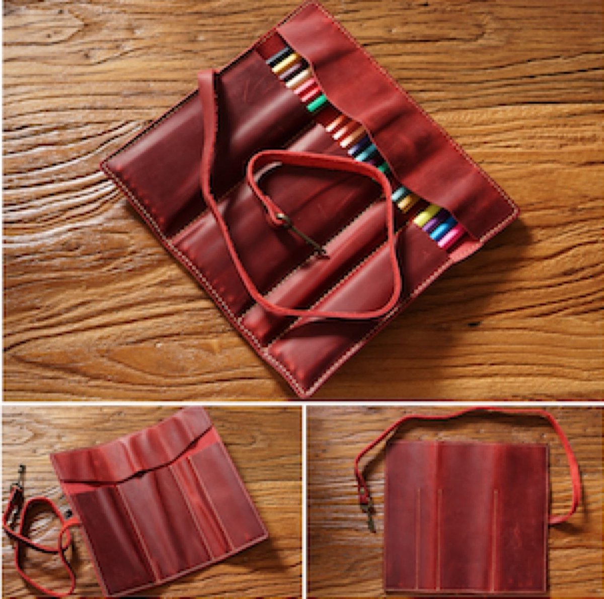 Leren Rol Etui van Top-Grain Rundleer – Pennenhouder voor 10 Pennen - Rood