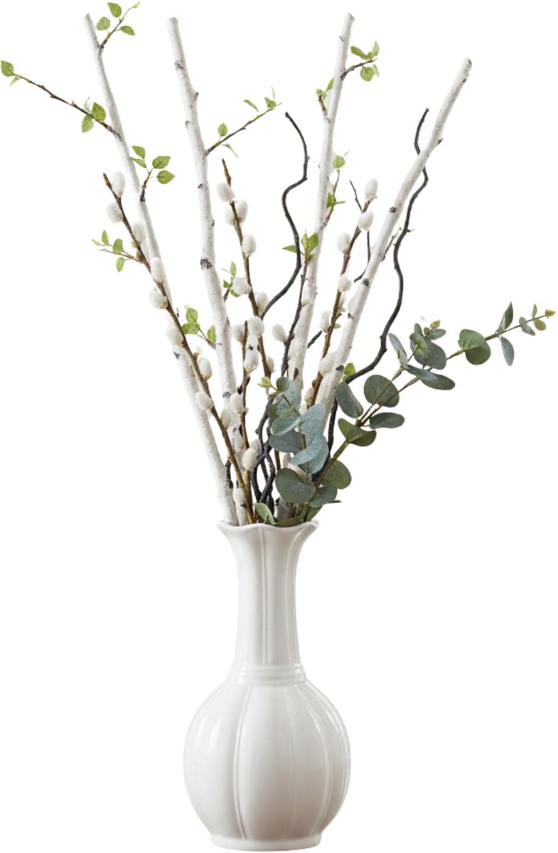 Gerimport bloemenvaas Sarayu stripe - wit - keramiek - 14 x 27 cm - decoratie vaas