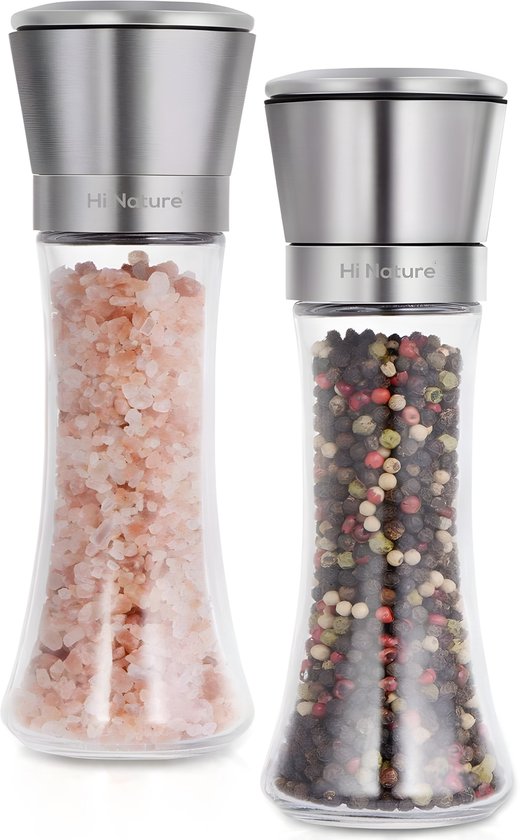 HI NATURE™ Luxe kwaliteit Peper en Zoutmolen set 2 stuks - Pepermolen - Zoutmolen - Instelbare maalgraad - Hervulbaar - Barbecue - BBQ accesoires - Zout peper kruiden - RVS