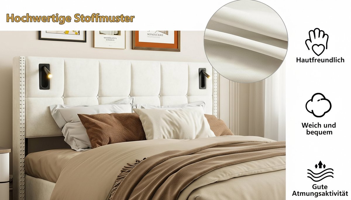 Gestoffeerd Opbergbed 140x200 cm Beige – Casa Velluto Luxe Tweepersoonsbed met Hydraulisch